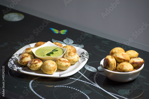 Indian Home Made Recipe 'Aappe' with Green Chatni. Specialty Of South Indian Food