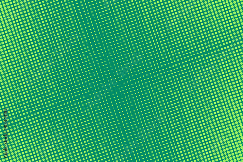 Pop art pattern with halftone. Comic dotted background. Green half tone print. Retro texture with bubbles. Cartoon splash effect. Vector illustration. Geometric modern duotone wallpaper.