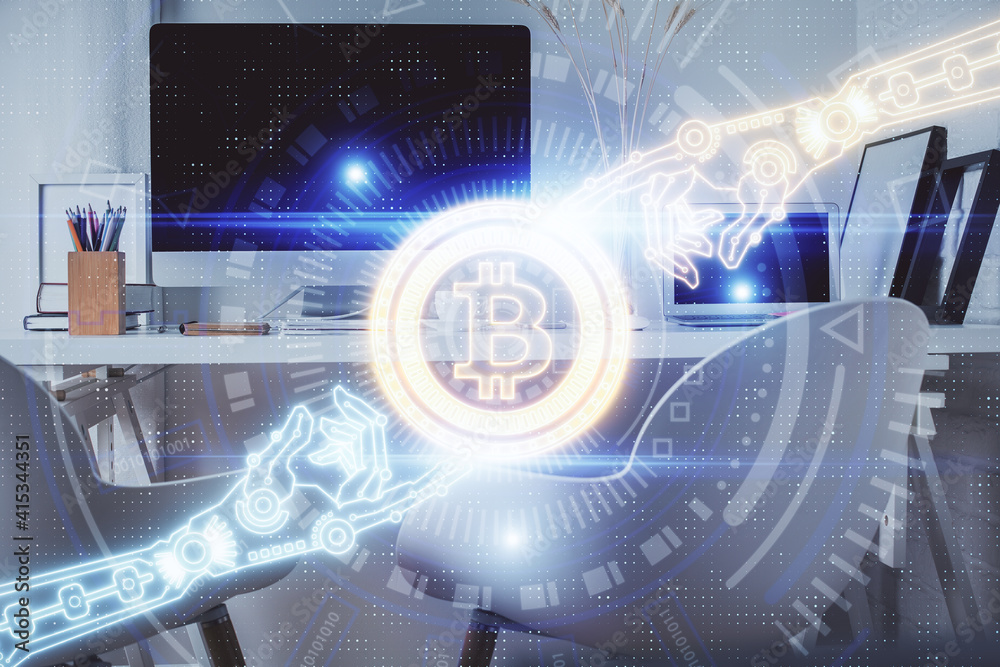 Double exposure of crypto technology theme drawing and office interior background. Concept of blockchain. Double exposure of crypto technology theme drawing and office interior background. Concept of blockchain.