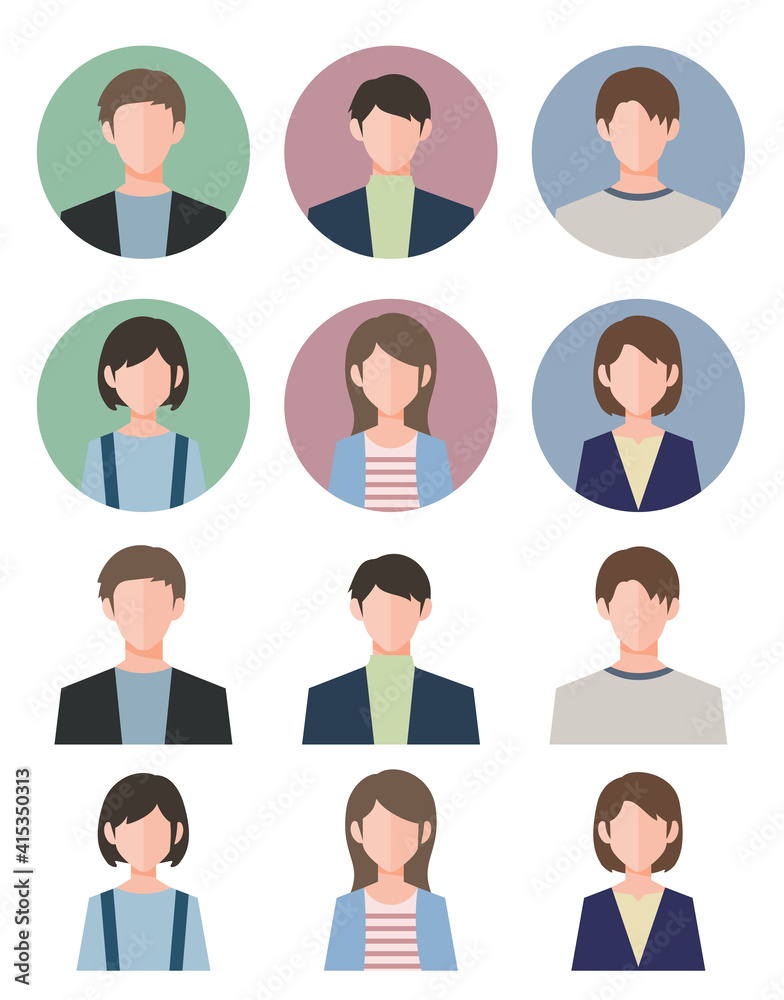 人物アイコンセット フラットイラスト カジュアル アバター 男女 Flat Illustration Avatar Icon Stock Vector Adobe Stock