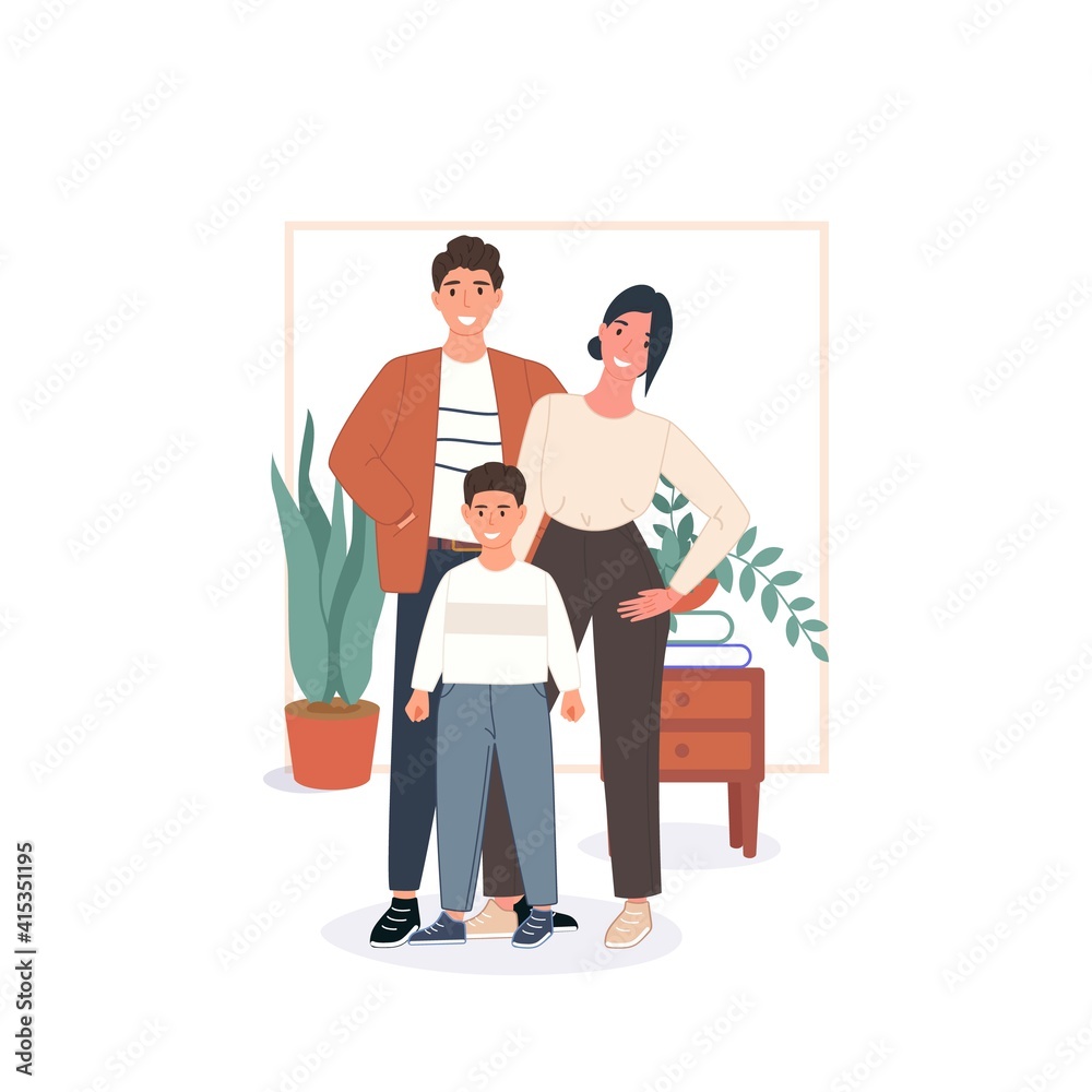 Happy family concept. Father, mother and child stay home and spend time together. Vector illustration in flat style Happy family concept. Father, mother and child stay home and spend time together. Vector illustration in flat style