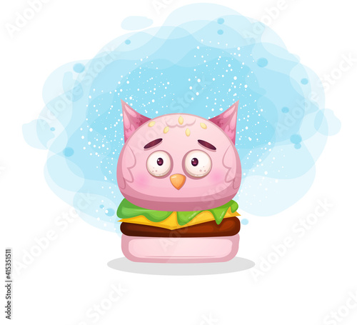 Cute little burger in animal illustration. Baby owl cartoon character Premium Vector