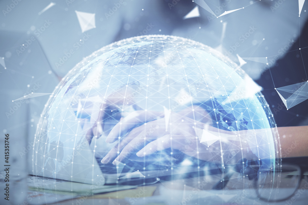 Multi exposure of woman hands typing on computer and business theme hologram drawing. Success concept.