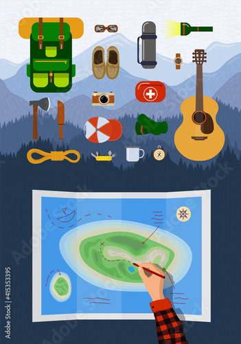 Outdoor recreation hiking equipment infographic set on mountains landscape. Backpacking belongings collection. Tourist hand planning walking route on map with travel elements. Camping eps illustration