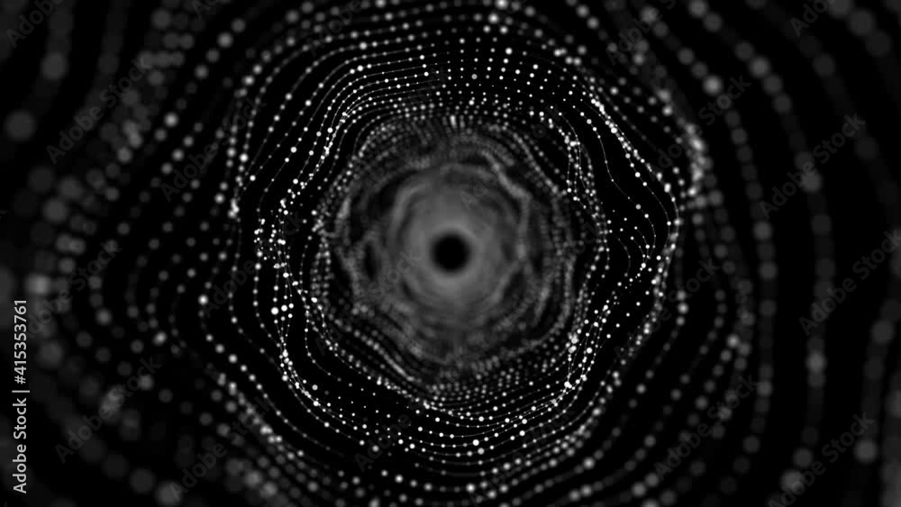 Cyber tunnel consisting of moving glowing points. Futuristic infinite space background. Concept of data transfer in cyberspace. Hi-tech illustration. 3d rendering.