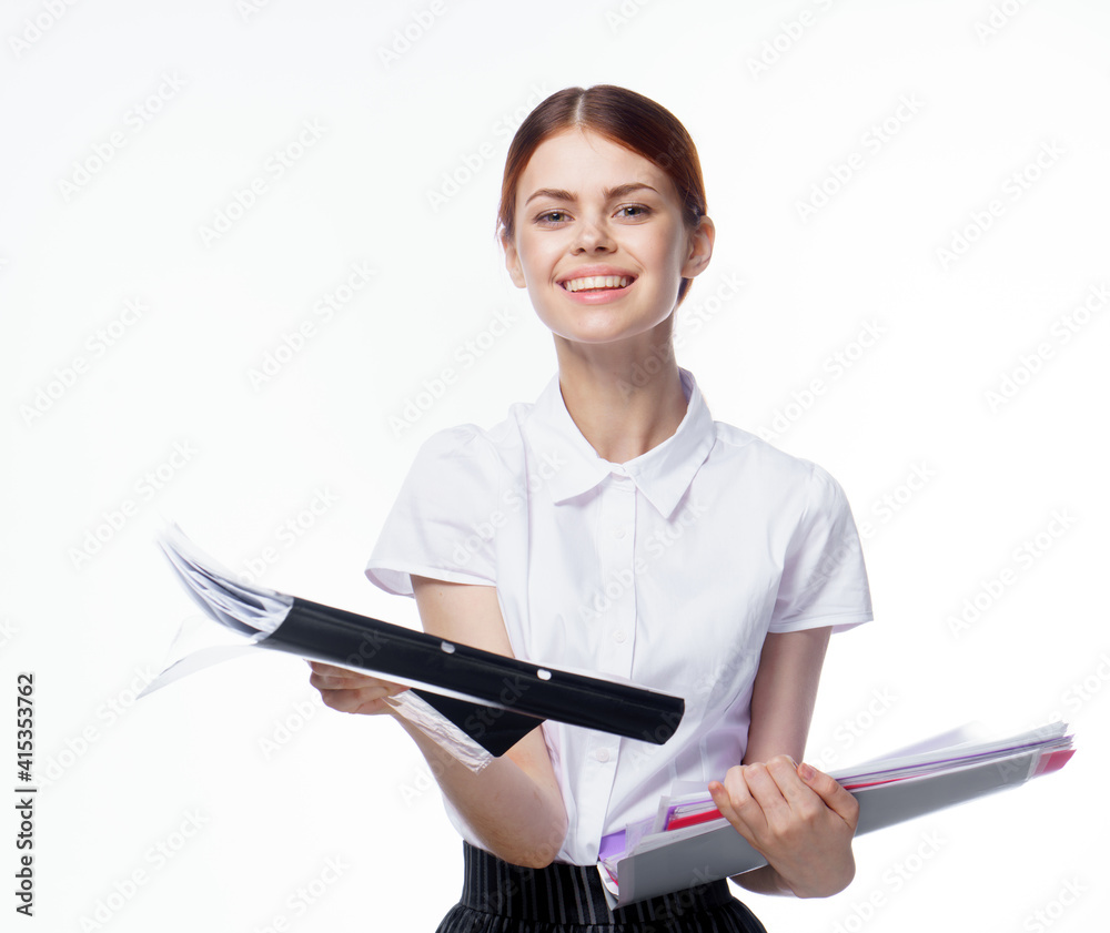 Business woman in white shirt documents manager office light background Business woman in white shirt documents manager office light background