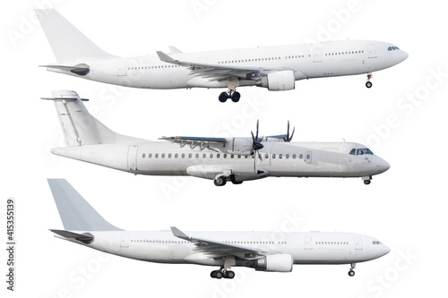 Set of airplanes jet and turboprop isolated on white background.