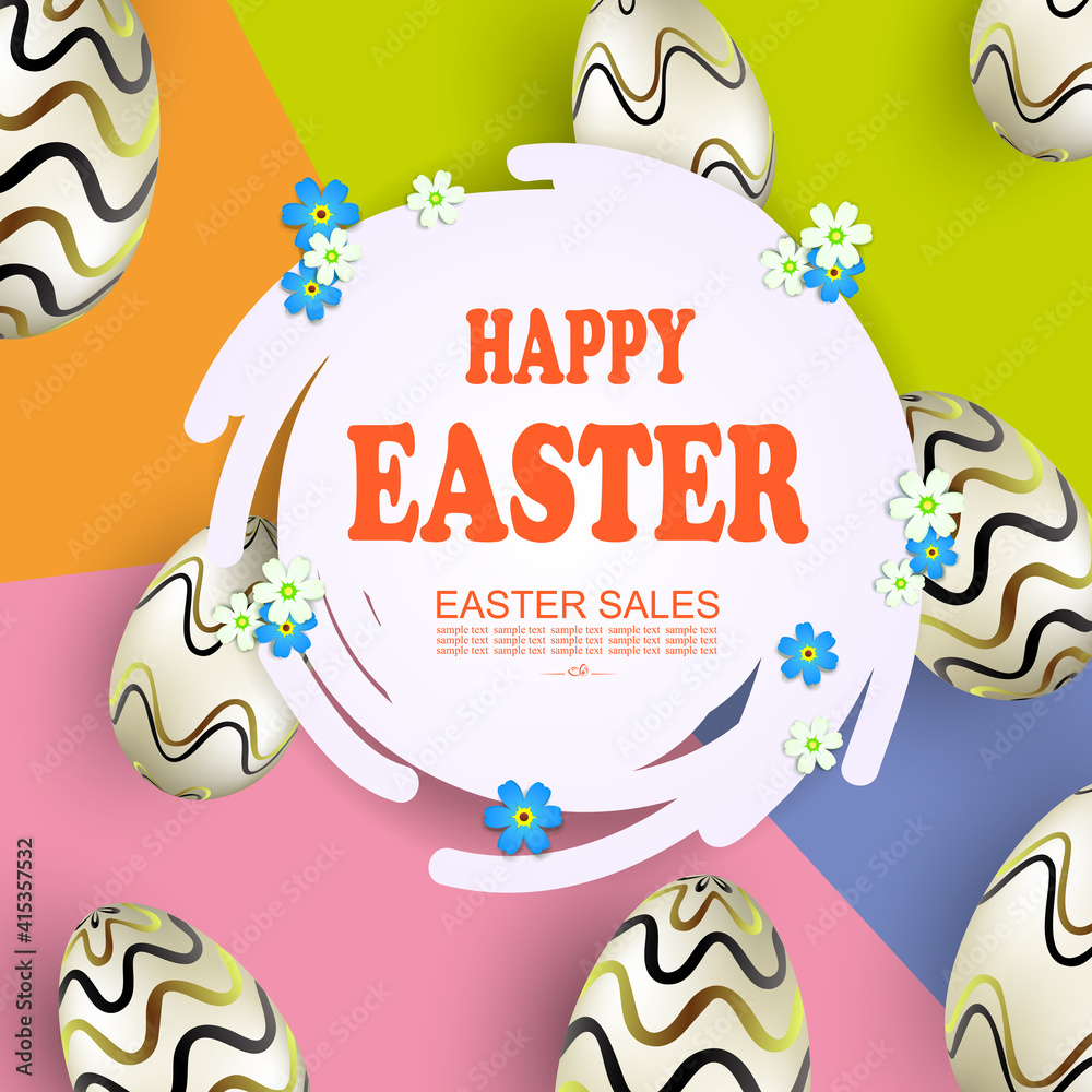 Fototapeta premium Easter composition with abstract round white frame, round egg frame with wavy pattern