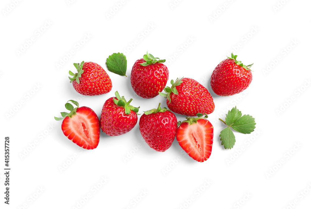 Delicious fresh red strawberries and green leaves on white background, top view Delicious fresh red strawberries and green leaves on white background, top view
