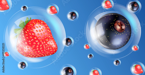 strawberries and black currants, in glass balls, strawberries and black currants on a blue background, vector image of fresh berries