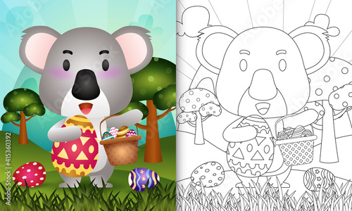 coloring book for kids themed happy easter day with character illustration of a cute koala holding the bucket egg and easter egg
