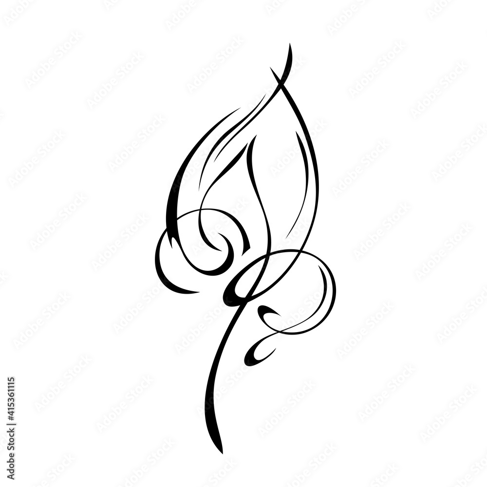 ornament 1558. decorative element in the form of one stylized leaf with curls in black lines on a white background