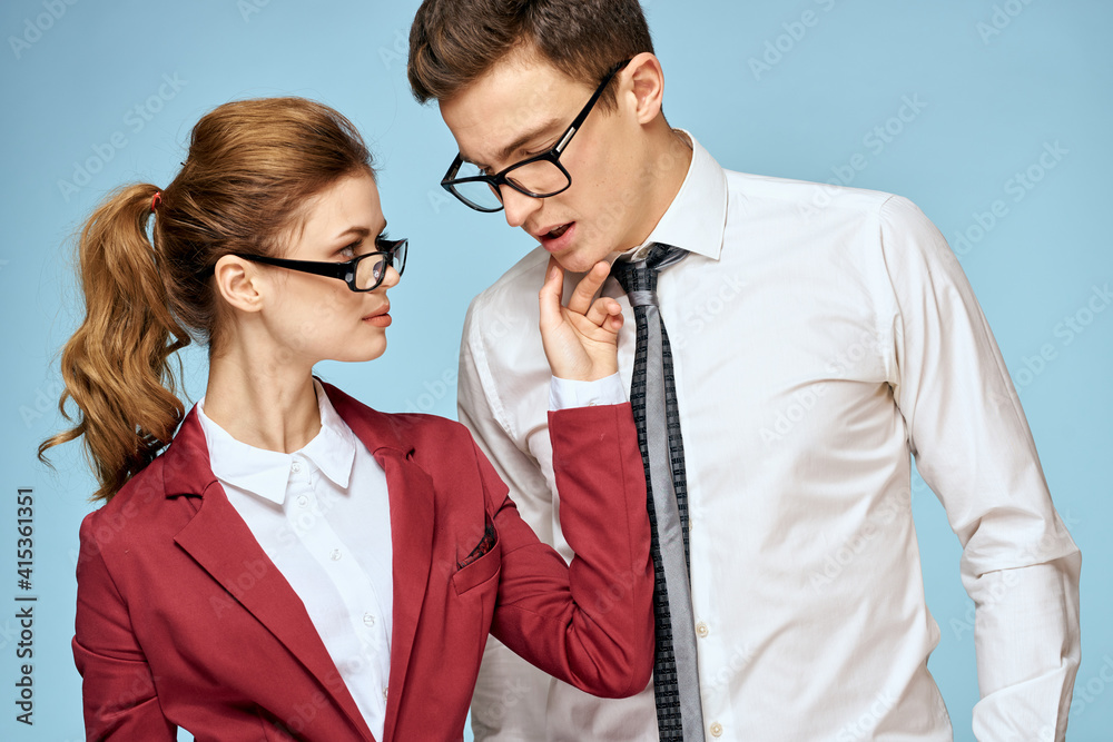 Man and woman work colleagues office managers team Man and woman work colleagues office managers team