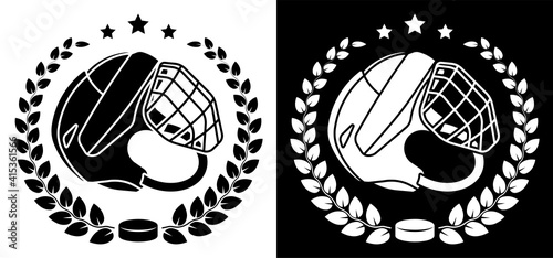 symbol, emblem of open hockey helmet and black rubber puck in laurel wreath for ice hockey competition. Hockey sports equipment. Active lifestyle. Vector