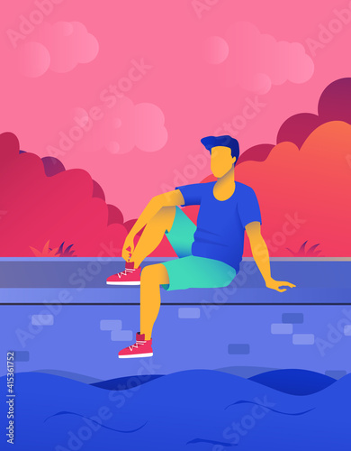 Man sitting on the embankment. Vector flat style background. Guy relaxes near the river. Boy has a rest on the outdoor