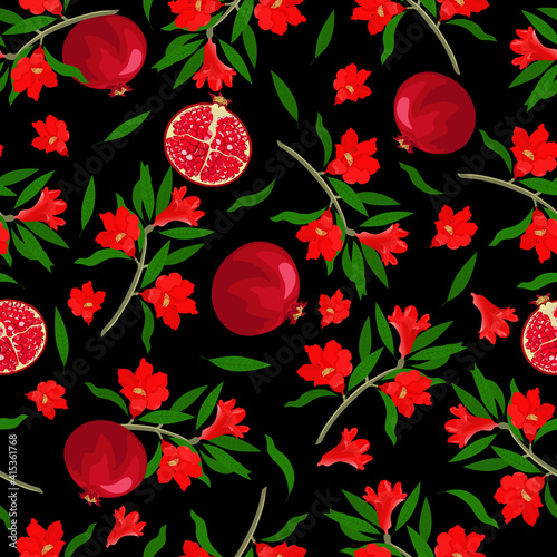 Pomegranate fruits and flowers on black background. Seamless floral pattern, vector.