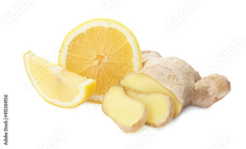Fresh lemon and ginger on white background