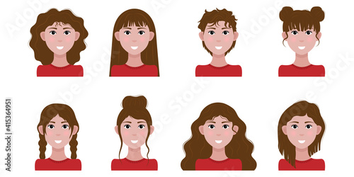 Set of girls with different brown hairstyles. Vector illustration.