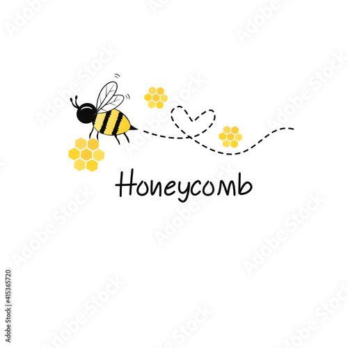 Flying Bee with honeycomb isolated on white background vector illustration. Cute cartoon character.