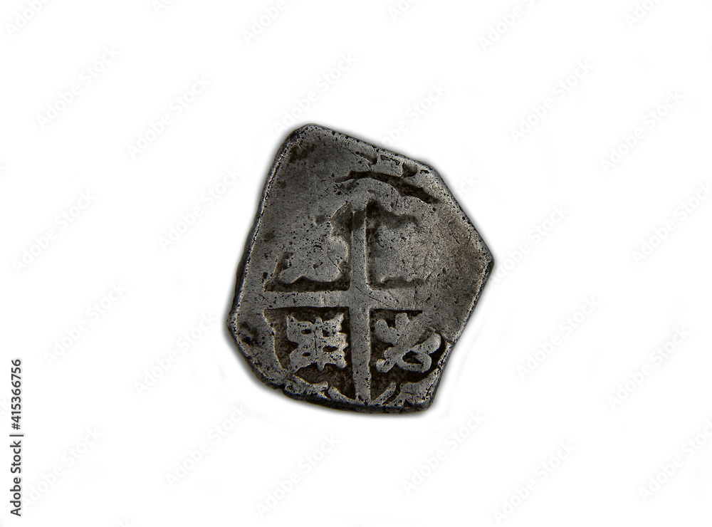 Rare silver medieval english coin on white background