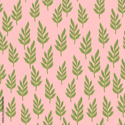 Abstract botany seamless pattern with little green leaf branches elements. Pink background.