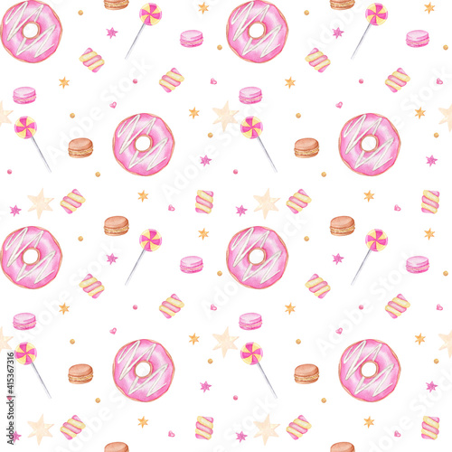 Watercolor seamless pattern with sweets: pink donuts, lollipops and marshmallows