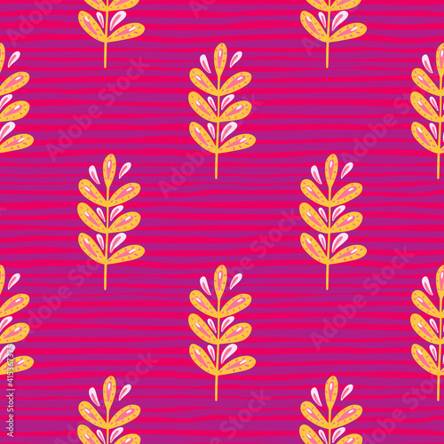 Bright orange seamless pattern with leaf branches shapes. Pink striped background. Vintage backdrop.