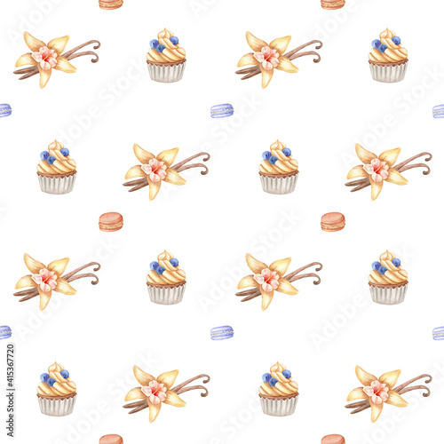 Watercolor seamless pattern with sweets: cupcakes, macarons and vanilla flowers