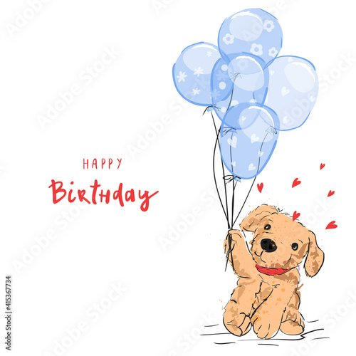 Cute happy birthday card with funny puppy and balloons