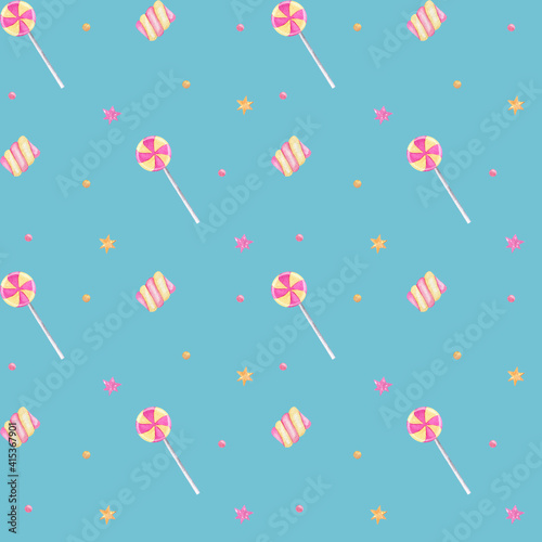 Watercolor seamless pattern with sweets: candy lollipops and marshmallows. Pattern on a blue background 
