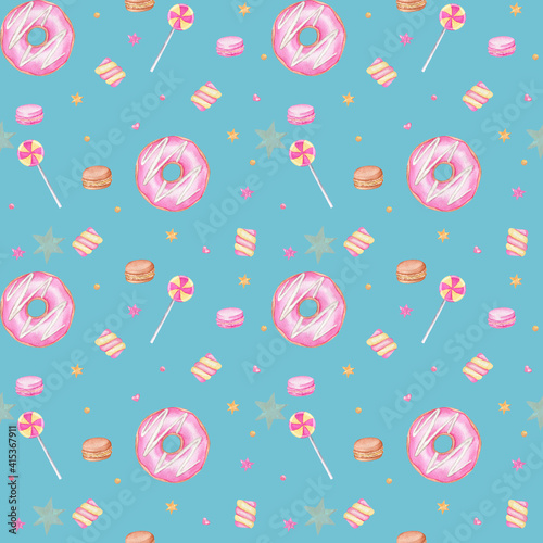 Watercolor seamless pattern with sweets: candy lollipops and marshmallows. Pattern on a blue background 