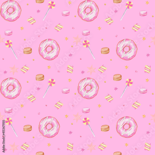Watercolor seamless pattern with sweets: candy lollipops and marshmallows. Pattern on a pink background 