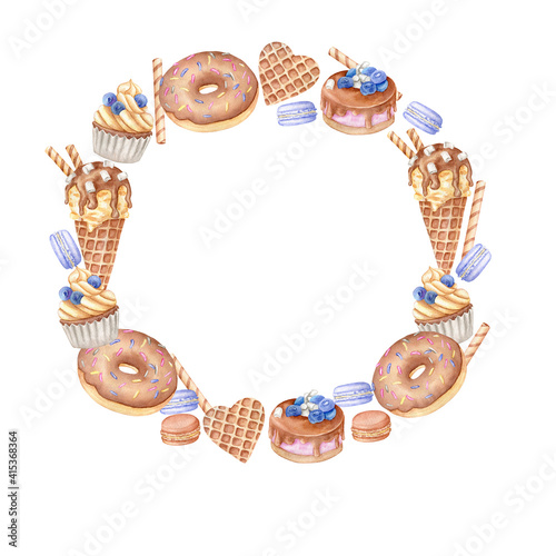 Decorative wreath of watercolor sweets: macarons, donuts, ice cream, cupcakes.