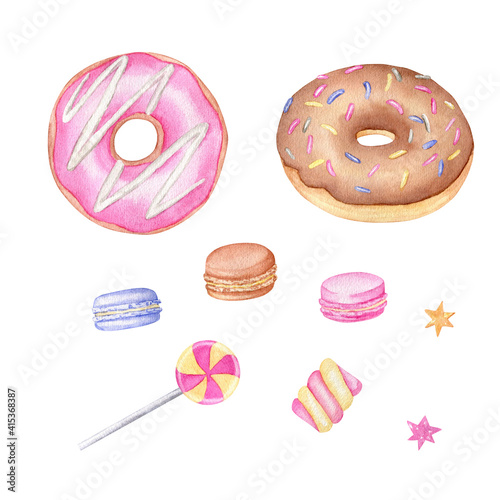 Watercolor elements for decoration: donuts, macaroons and candies