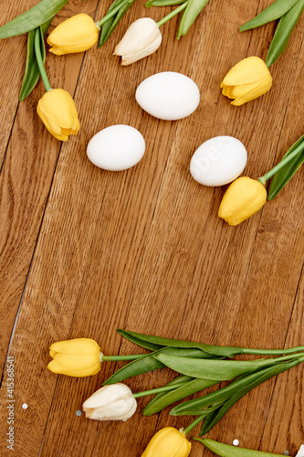 wooden background tulips chicken eggs spring holiday