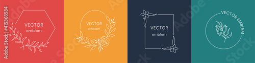 Abstract minimal logo. Hand drawn cosmetics botanic cosmetic concept. Vector flower monogram emblem set photo