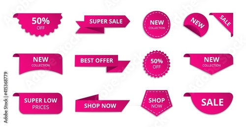 Ribbon sale banner. Special offer sale badge design, modern discount advertising template. Vector set