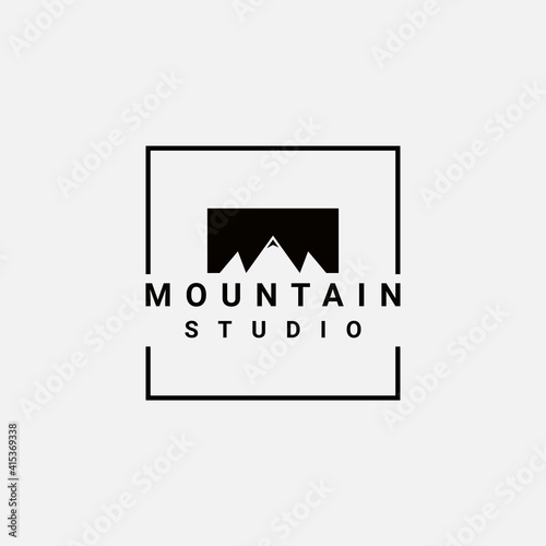 Mountain Landscape with Focus Square Lens Frame for Adventure Outdoor Nature Photography Photographer Logo Design