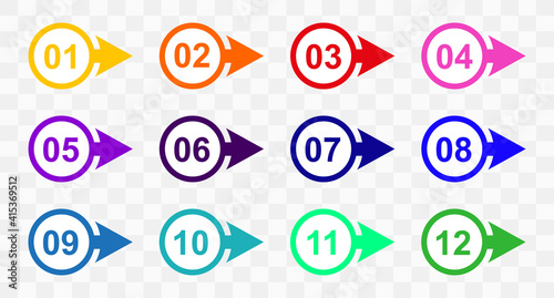 Set of colorful markers. Number bullet point from 1 to 12, colorful markers. Arrow bullet point colorful, vector.
