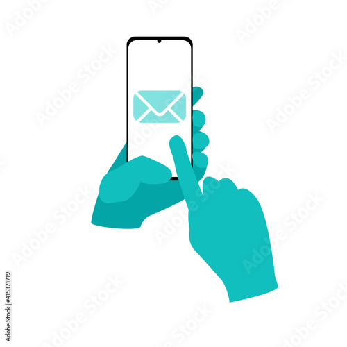 hands in medical gloves hold a smartphone with an email message envelope. flat vector illustration isolated