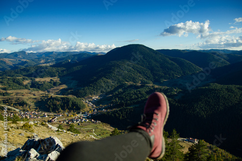 Panoramic view of the mountains, rest at sunset. Picnic outdoor recreation in the mountains, active walking © Mariyka LnT