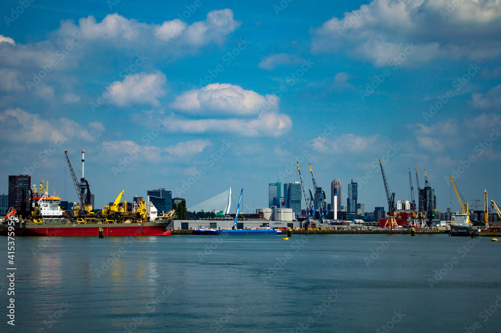 Rotterdam, Netherlands - August 4, 2019: Cranes of the Port of Rotterdam in the Netherlands