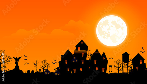 Horror background. Horror village vector illustration. A scary village with gloomy houses and an abandoned cemetery.