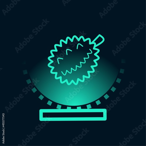 Durian fruit hologram display. Vector illustration durian digital design with a light projector. Fruit in holographic icon style