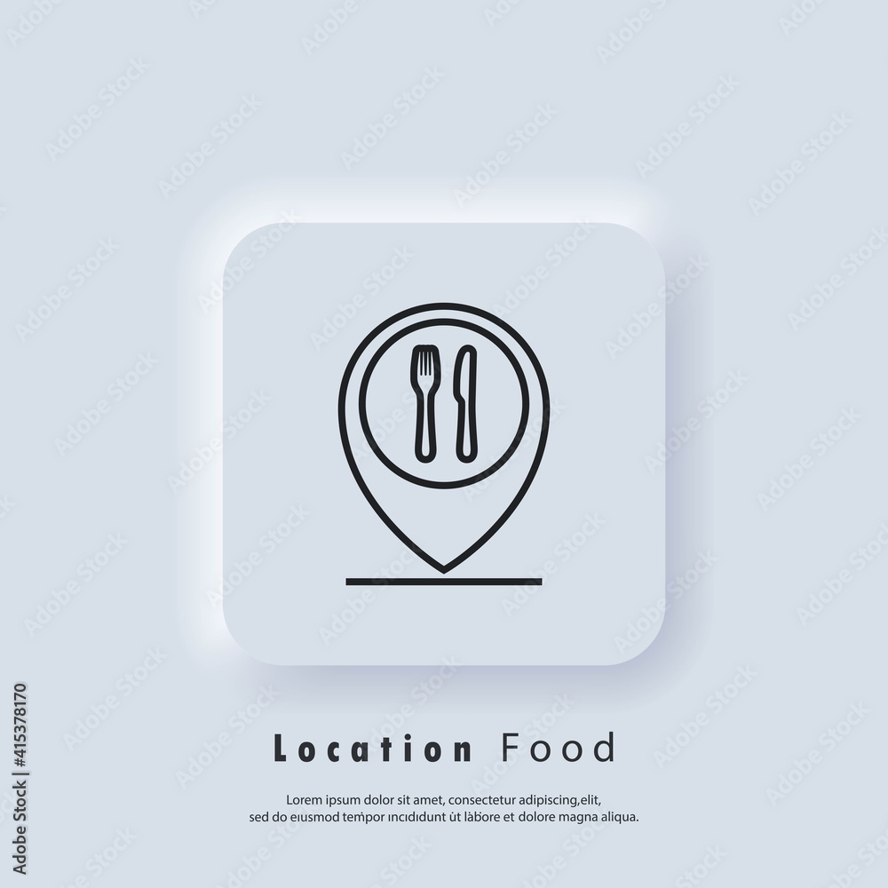 Food location logo. Mobile app icon public catering point. App symbol restaurant address location. Pointer cursor with knife fork. Vector EPS 10. UI icon. Neumorphic UI UX. Neumorphism Food location logo. Mobile app icon public catering point. App symbol restaurant address location. Pointer cursor with knife fork. Vector EPS 10. UI icon. Neumorphic UI UX. Neumorphism