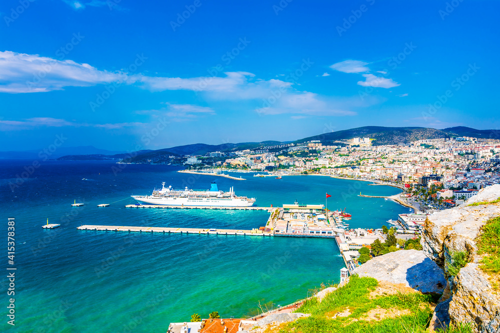 Kusadasi Harbour and Pigeon Island view from mountain