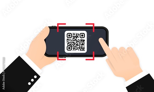Scan QR code to pay with Mobile phone. Smartphone scanning QR-code. Barcode Verification. Scanning tag, generate digital pay without money. Scanning barcode with telephone. Vector