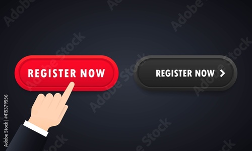 Hand push the button register now. Register now button icon set. For website. Registration. Vector on isolated background. EPS 10