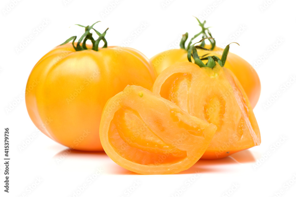 fresh yellow tomatoes on white background 