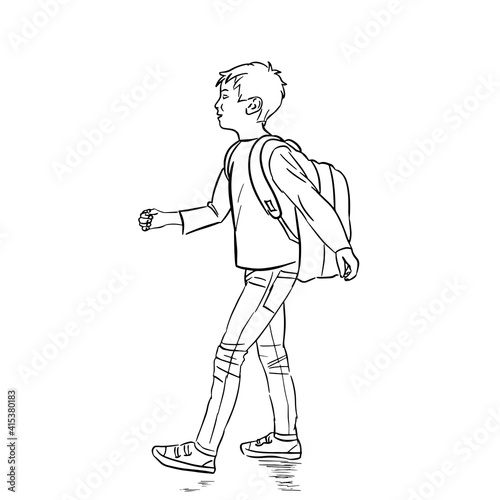 Sketch of a schoolboy with a backpack on his back cheerfully going to school.  Безымянный-1